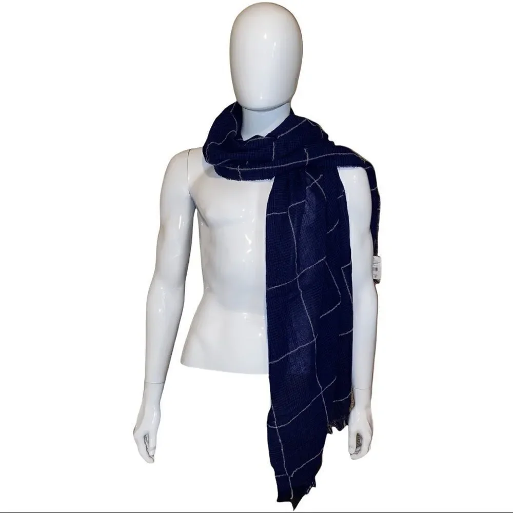 Paolo Mariani Royal Blue White Plaid Wool Cashmere Blend Scarf NWT